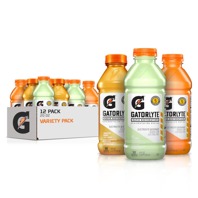 Gatorlyte Rapid Rehydration Electrolyte Drink, 3 Flavor Variety Pack, Specialized Blend of 5 Electrolytes, Lower Sugar, No Artificial Sweeteners, No Artificial Flavors, 20 fl oz Bottles (12 Pack) - Image 1